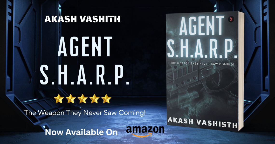 Agent SHARP novel by Akash Vashisth with a dark sci fi background